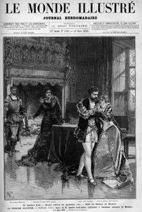 Den sidste kvartet, det andet maleri af fjerde akt, der foregår i rummet på slottet Kimbolt. Scene af operaen Henry VIII af Camille Saint Saens (Saint-Saens) repræsenteret på det nationale musikakademi den 5. marts af Unknown artist