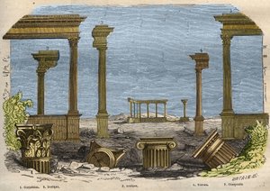 De fem ordener af klassisk (gammel) arkitektur: korintisk, dorisk, ionisk, toscansk og sammensat, hver repræsenteret af en søjle. Indgravering fra 1857 i "" Le Musee Des Sciences"" af Unknown artist