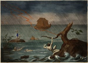 Syndfloden med Noas ark i det fjerne. Anonym stik fra midten af 1800-tallet. af Unknown artist