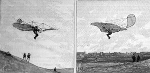 Det flyvende fly af Otto Lilienthal (1848-1896), tysk luftfartspioner, i to forskellige positioner (fra et øjeblikkeligt fotografi). Indgravering i "" La Nature: revue des sciences et de leurs applications aux arts et a l