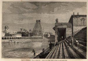 Den ghaut eller hellige dam af Chillambaran Pagoda, beliggende ved den Bengalske Bugt, nær Pondichery (Pondicherry) (Indien); nogle fideles går ned ad den monumentale trappe for at tage et bad eller udføre rensende afvaskninger. Gravering for at illustrere af Unknown artist