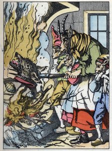 Bukken dræber ulven i skorstenen. Illustration af fortællingen "Compere le Loup, Maitre Renard, Comere la Chevre et ses petits biquets"" efter en fabel af Jean de la Fontaine. I “”Fortællinger fra hjemmet for de mindste””. Anonym gravering af 19t af Unknown artist