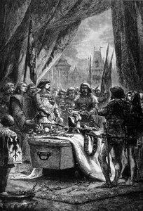 Guvernøren lagde nøglerne til Chateauneuf de Randon på kisten til Bertrand Du Guesclin (1320 - 1380), en bretonsk krigsmand og en fransk patriot mod englænderne. Indgravering af det 19. århundrede. af Unknown artist