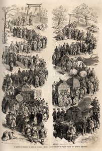 Den store procession af Mikado (kejser af Japan), ved dairi, det gamle kejserborg Heian-kyo (Heian Kyo, det nuværende Kyoto) fra 794 til 1869. Indgravering til illustration af rejsen til Japan i 1863-1864, af Aime Humbert, schweizisk minister af Unknown artist
