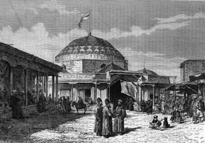 Den store basar i Samarkand (Samarqand eller Samarkand) i Usbekistan i det 19. århundrede. Indgravering i "" le journal de la Jeunesse "" fra 1888. af Unknown artist