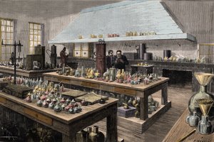 Det store laboratorium af Louis Pasteur (1822-1895), fransk kemiker og biolog, på Ecole Normale Superieure - Louis Pasteur i hans laboratorium på Ecole Normale Superieure - Gravering af Meyer 1884 af Unknown artist