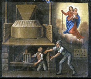 En ung arbejders hånd er fanget i en møllesten. af Unknown artist