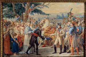 Overdragelsen af Wiens nøgler til Napoleon I (1769-1821) Kejseren vendte tilbage til den østrigske hovedstads øde af Francois II af Habsburg den 14/11/1805. 1800-tals gobelin. Ile D