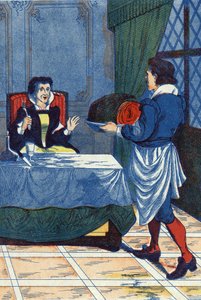 Hotellets mester serverer et barn til ogressen. Illustration til "La belle au bois dormant", fortælling af Charles Perrault (1628-1703), fransk forfatter. Illustration anonym. Billedmateriale Marcel Vagne, Jarville Nancy, udateret (slutningen af det 19. år af Unknown artist