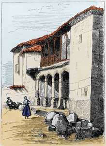 Sante de Valcuebos hus i Salamanca, hvor Christopher Columbus holdt sin første konference. Indgravering af det 19. århundrede af Unknown artist
