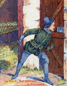 Kongens søn så prinsessen. Illustration til "" Æselskind""-fortælling af Charles Perrault (1628-1703), fransk forfatter. Billedmateriale Marcel Vagne, Jarville Nancy, udateret (slutningen af det 19. århundrede). af Unknown artist