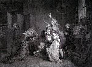 Det sidste interview af Louis XVI med hans familie (Marie Antoinette og Louis XVII). Indgravering af det 19. århundrede. af Unknown artist