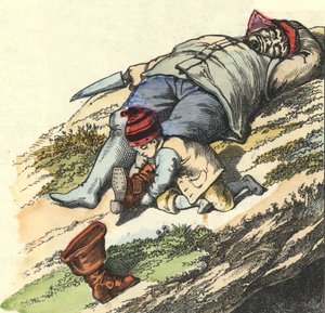 Den lille pose stjæler støvlerne fra 7 steder fra den sovende trold. Illustration af fortællingen "" Le Petit Poucet"" af Charles Perrault af Unknown artist