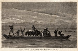 De lange kanoer i Bambaras ved Niger-floden, manøvreret med lange siddepinde, kan bære flere mennesker og endda kvæg eller heste. Gravering til illustration af løjtnant (Flåden) M. Mages rejse til Vestsudan i 1863-1866, offentliggjort i "Le tour du mo af Unknown artist