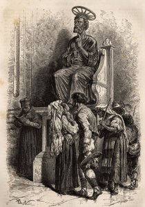 Den nederste fod af bronzestatuen af Skt. Peter, et objekt for ærbødighed for de katolske peleriner, der kommer ind i Vatikanets St. Petersbasilika. Gravering for at illustrere historien om Ludovic Celler: la semaine sainte à Rome, en 1863, i "Le tour du m af Unknown artist