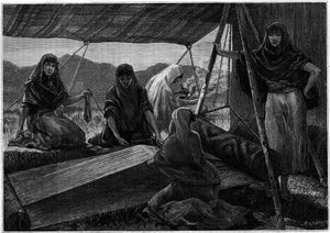 Fremstilling af tæpper af nomadiske kvinder i Persien. Indgravering i journalen "" La jeunesse"" af Unknown artist