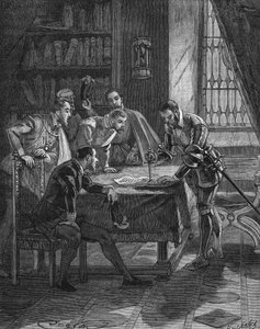 Marechalen fra Vieilleville planter sin dolk i et patent, hvorved kongen af Frankrig Henrik II (1519-1559) gav ham og de fem herrer, der var til stede i lokalet, ret til konfiskation af alle lånehajer og lutherianere i Guienne, Limousin, Quercy og S af Unknown artist