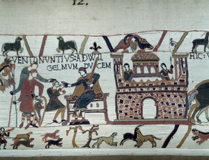 Sendebudene fra kongen af Normandiet Vilhelm Erobreren (1027-1087) informerede ham om, at Harold, som kom fra England på vegne af kong Edvard Confessor af England, blev taget til fange af grev Guy de Ponthieu. Detail of the Tapestry of Bayeux eller Emb af Unknown artist