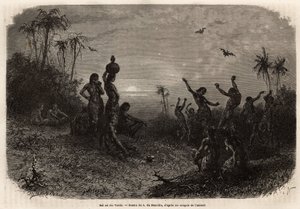 Måneskinskuglen, som afslutter 18 års jubilæumsceremonien og brylluppet af en ung indisk mand fra Rio Verde (Brasilien). Indgravering til illustration af rejsen til New Granada, af Dr. Saffray, i 1869, udgivet i "" Le tour du monde""" 1873, redigeret af af Unknown artist