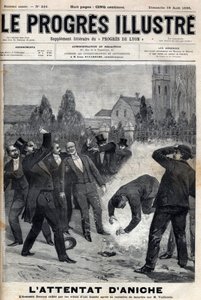 Morderen Clement Decoux er offer for sit angrebsforsøg på Emile Vuillemin (1822-?), direktør for minerne i Aniche, der fejrer dagen den 4. august 1895, hans 50-års jubilæum i spidsen for kulproduktionen - indgravering i "Le Progres" illust af Unknown artist