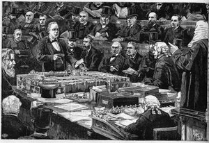 Den engelske deputeret Charles Bradlaughs (1833-1891) ed til Underhuset den 21. februar 1882, en militant for ateisme, nægtede at aflægge den traditionelle religiøse ed, der var nødvendig for at besætte hans plads i parlamentet. Han repræsenterer her en bi af Unknown artist