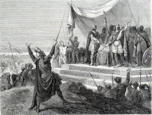 De to brødres ed før deres rustning: Karl II den Skaldede og Ludvig II germaneren aflægger ed mod Lothaire I (Strasbourgs ed 842). Indgravering af det 19. århundrede. af Unknown artist