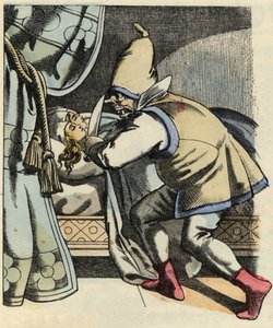 Trolden skærer hovedet af sine syv døtre og tænker på at dræbe den lille Poulet og hans brødre. Illustration af fortællingen "" Le Petite Poucet"" af Charles Perrault af Unknown artist
