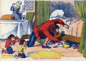 Trolden opdager børnene. Illustration til "" Le Pepetit poucet"", fortælling af Charles Perrault (1628-1703), fransk forfatter. Anonym illustration. Billedmateriale Marcel Vagne, Jarville Nancy, udateret (slutningen af det 19. århundrede). af Unknown artist