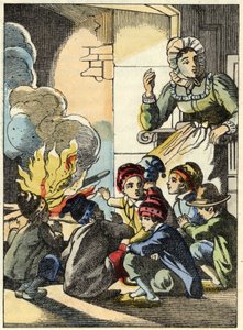 Troldens kone opvarmer den Lille Poucet og hans brødre med bål. Illustration af fortællingen "" Le Pepetit Poucet"" af Charles Perrault af Unknown artist