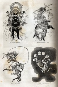 Pantheonet af japanske guddommelige: traditionel repræsentation af nogle typiske figurer: ridningens protektor; Marisiten, krigsguden; Futen, vindens gud; Raiden, tordenguden. Gravering til illustration af rejsen til Japan i 1863-1864, af af Unknown artist