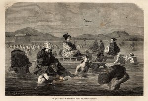 Passage af en gæst, med præsentation af måder at transportere passagerer og bagage på. Indgravering til illustration af rejsen til Japan i 1863-1864 af Aime Humbert, minister for Det Schweiziske Forbund, i "" Le tour du monde, nouveau journal des voyages" af Unknown artist