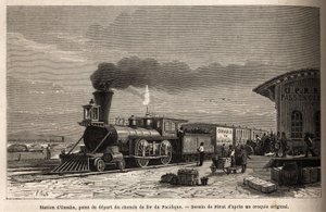 Jernbanen har Omaha Station (Nebraska), startpunktet for linjerne, der fører til Stillehavet. Engravure pour illustration le voyage au far west americain, af M. L. Simonin, i 1867, udgivet i "Le tour du monde, nouveau journal des voyages"", redigeret af Unknown artist