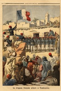 Oberstløjtnant Francois Xavier Bonnier (1857-1944) hejser det franske flag i Timbuktu (Mali) under den franske erobring af det franske Sudan (faktisk Mali) - Det franske flag vises i Timbuktu (placeret ved Niger-floden, Mali) ) af co af Unknown artist