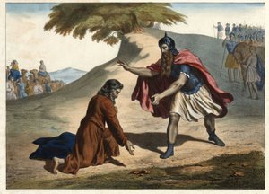 Jakobs tilbagevenden og hans møde med Esau - Jakob vender tilbage til Kanaans land med sine hustruer og børn: han møder sin bror Esau. Stik fra halvdelen af 1800-tallet. af Unknown artist