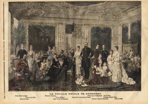 Kongefamilien i Danmark, der sidder i centrum, Dronning Louise af Hessen-Kassel (1817-1898) og Kong Christian IX af Danmark (1818-1906) fik tilnavnet "Europas smukke fader", fordi han giftede flere af sine børn med arvinger af den store kongelige f af Unknown artist
