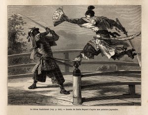 Samuraien Yashitsune i balance på barrieren af en bro, angriber en samurai i rustning. Indgravering til illustration af rejsen til Japan i 1863-1864 af Aime Humbert, minister for Det Schweiziske Forbund, i "" Le tour du monde, nouveau journal des voyages" af Unknown artist