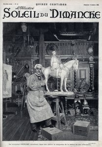 Billedhuggeren Jean Leon (Jean-Leon) Gerome (1824-1904) færdiggør i sit atelier modellen af statuen af hertugen af Aumale - Indgravering i "" Le sun-du-dimanche"", 15. oktober af Unknown artist