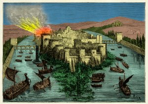 Belejringen af Paris i 845 af vikingerne med Ragnar Lodbrok i spidsen, gravering 1800-tallet