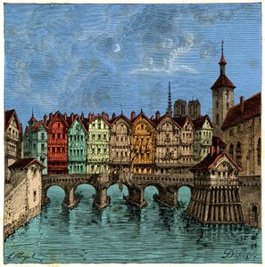 Den lille bro, der senere var Pont au Change i Paris i middelalderen, gravering 1800-tallet af Unknown artist