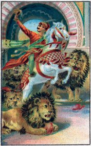 Løvernes kilde. Historien om Prins Ahmed og gebyret Paris-Banou (Pari Banou) (Paribanu). Fortælling om 1001 nætter (fortællinger om de tusinde og en nat). Kromolitografi i slutningen af det 19. århundrede. af Unknown artist