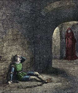 Tårnets spøgelse Fangelænker i et fangehul ser et spøgelse foran sig. Illustration til "" The tower of london"" af William Harrison Ainsworth fra det 19. århundrede af Unknown artist