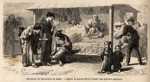 Stemplet fra en halmskohandler, med forskellige kunder, en kvinde, der prøver et par med sine venner, og en far, der tager sig af sit barn. Gravering til illustration af rejsen til Japan i 1863-1864 af Aime Humbert, minister for Det Schweiziske Forbund af Unknown artist