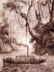 Dampbåden af John Fitch, amerikansk opfinder, på Delaware-floden omkring 1791. af Unknown artist