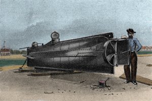 Ubåden (ubåden) CSS H. L. Hunley, der blev brugt af de konfødererede staters flåde under løsrivelseskrigen. 1861-1865 Stik af 1800-tallet af Unknown artist