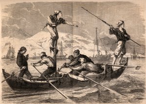 Sværdfisken harpunfiskeri (pesce spada, sværdfisk) på Siciliens kyst i Italien i 1862. Indgravering i "Le Monde illustrious"" fra 1862. Privat samling. af Unknown artist