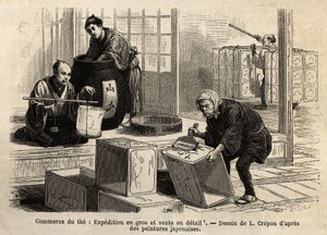 Handelen med teen: engros- og detailforsendelse. Gravering til illustration af rejsen til Japan af Aime Humbert, minister for Det Schweiziske Forbund, i 1863-1864, udgivet i "" Le tour du monde""" 1869, redigeret af Edouard Charton, udgave Hachette, Par af Unknown artist