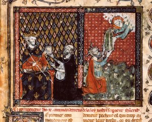 Oversættermunken præsenterer sin bog til kong Filip III af Frankrig kaldet den dristige (1270-1285). Miniature taget fra The Christian Doctrine, af St. Augustine (?) af Unknown artist