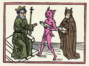 Retssagen mod Belial: "Demon Belial præsenterer sine akkreditiver til dommer Solomon" "Gravering fra "Retssagen mod Belial"" af Jacobus de Teramo (eller Palladino), Ausburg af Unknown artist
