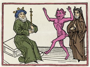 Retssagen mod Belial: "" Dæmonen Belial danser foran dommer Solomon""" Indgravering fra "Retssagen mod Belial"" af Jacobus de Teramo (eller Palladino), Ausburg af Unknown artist