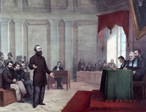 Retssagen mod Felice Orsini (1819 - 1858), der begik angrebet på Napoleon III den 14. januar 1858. Litografi fra slutningen af 1800-tallet. Milanos privatsamling ©Luisa Ricciarini/Leemage af Unknown artist